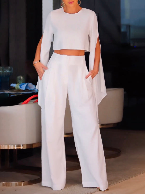 Flared Sleeves Long Sleeves Solid Color Round-Neck T-Shirts Tops