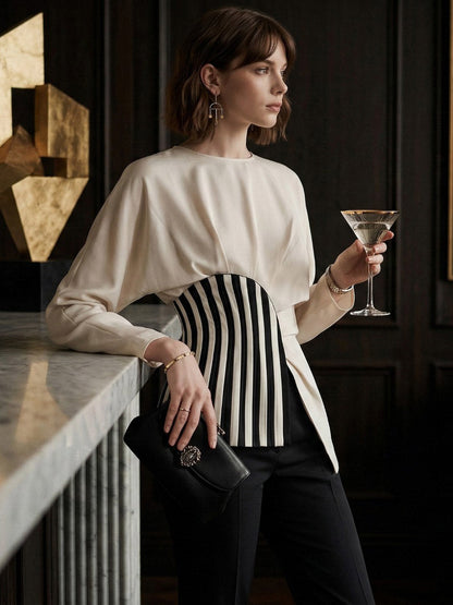 Irregularity Long Sleeves Asymmetric Pleated Split-Joint Striped Zipper Round-Neck Blouses&Shirts Tops