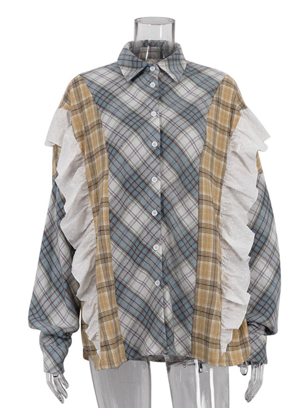 Long Sleeves Loose Buttoned Contrast Color Plaid Ruffle Trim Split-Joint Lapel Blouses&Shirts Tops