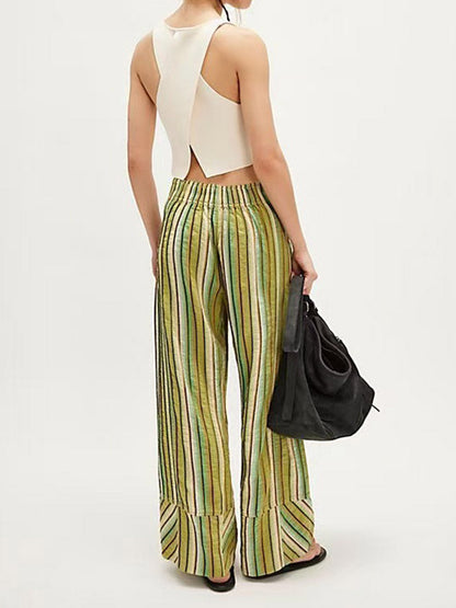 Elasticated Waist High Waisted Contrast Color Printed Split-Joint Striped Pants