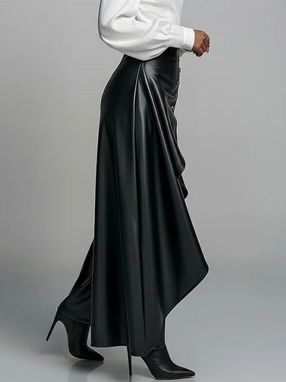 High Waisted Wide Leg Buttoned Pleated Solid Color Split-Joint Zipper Pants Trousers