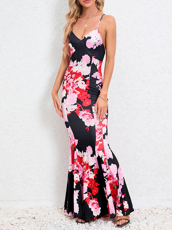 Bodycon Mermaid Flower Print Split-Joint Spaghetti-Neck Maxi Dresses