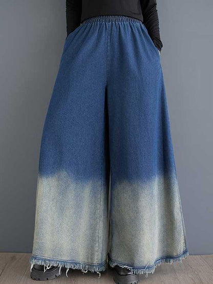 High Waisted Loose Elasticity Fringed Pockets Jean Pants Bottoms