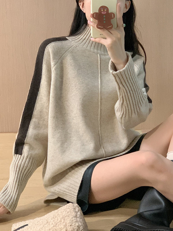 High-Low Long Sleeves Contrast Color Split-Joint Split-Side High Neck Pullovers Sweater Tops