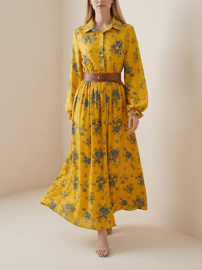 A-Line Elasticated Waist Belted Buttoned Contrast Color Flower Print Pleated Split-Joint Lapel Maxi Dresses Shirt Dress