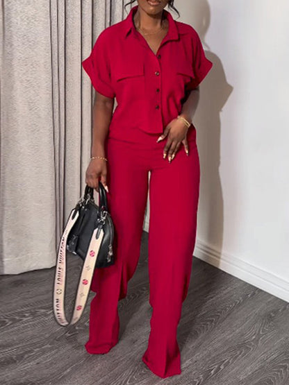 Wrap Buttoned Pockets Solid Color Shirts Tops&Pants Two Pieces Set