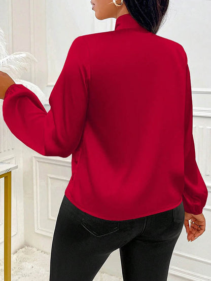Long Sleeves Loose Bow-Embellished Pleated Solid Color Split-Joint Scarf Collar Blouses&Shirts Tops