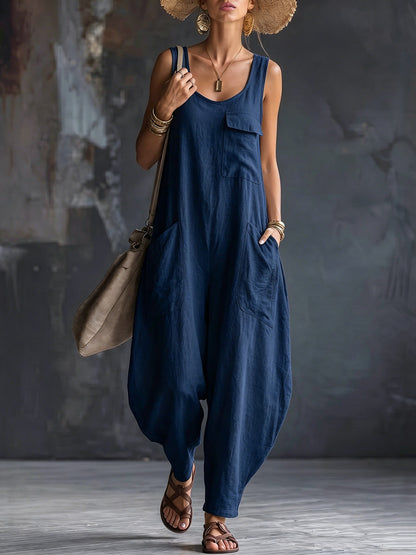 Loose Sleeveless Pockets Solid Color Square-Neck Jumpsuits