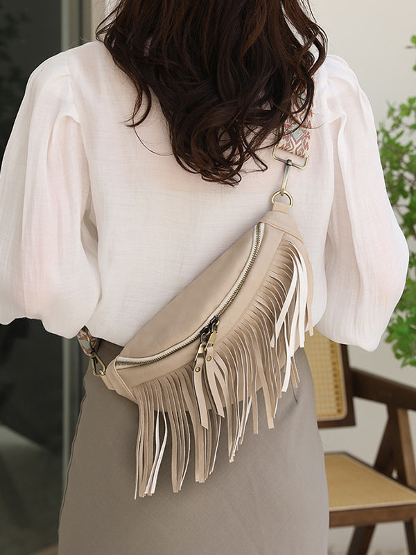 Geometric Tasseled Zipper Crossbody Bags