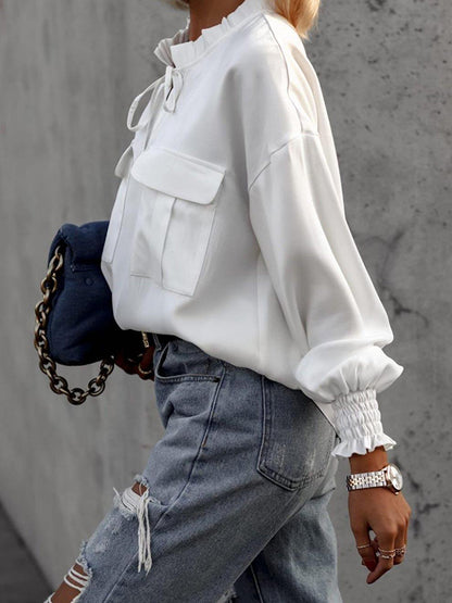 Long Sleeves Loose Hollow Lace-Up Pleated Solid Color Split-Joint V-Neck Blouses