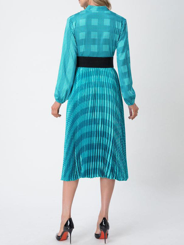 Long Sleeves Loose Belted Pleated Printed V-Neck Midi Dresses
