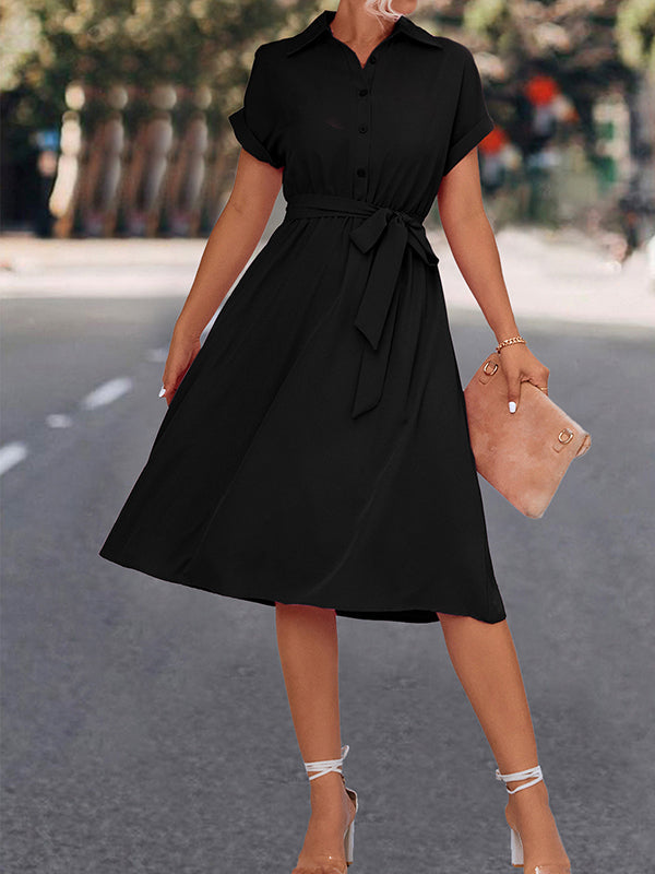 A-Line High Waisted Buttoned Solid Color Tied Waist Lapel Collar Midi Dresses Shirt Dress