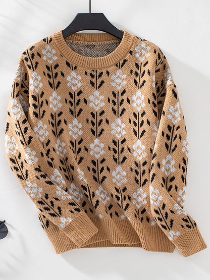Long Sleeves Loose Knitted Flower Split-Joint Round-Neck Pullovers Sweater Tops