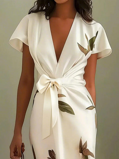 Raglan Sleeve Asymmetric Pleated Printed Split-Joint V-Neck Midi Dresses
