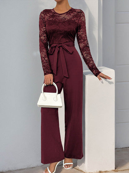 Column High Waisted See-Through Solid Color Split-Joint Tied Waist Round-Neck Jumpsuits