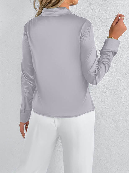 Long Sleeves Loose Solid Color Split-Joint Streamer Scarf Collar Blouses&Shirts Tops