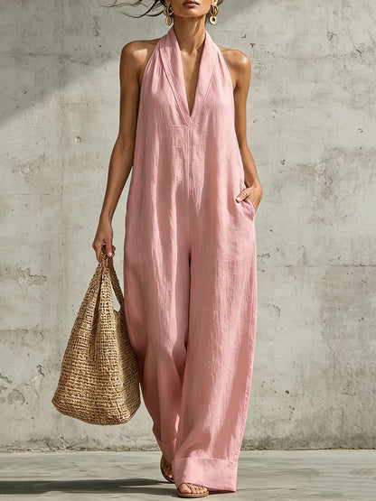 High Waisted Sleeveless Pockets Solid Color V-Neck Jumpsuits