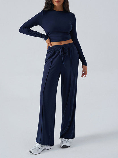Long Sleeves Loose Solid Color Round-Neck T-Shirt Top + Drawstring Elasticity Pockets Pants Bottom Two Pieces Set