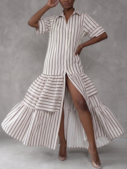 Half Sleeves Loose Buttoned Contrast Color Pleated Split-Joint Striped Lapel Maxi Dresses Shirt Dress