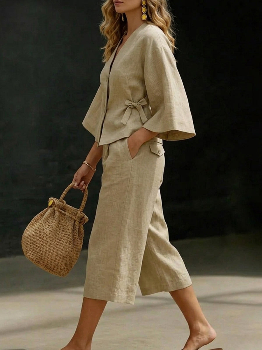 Cropped Wide Leg Elasticity Pleated Pockets Solid Color Pants Trousers