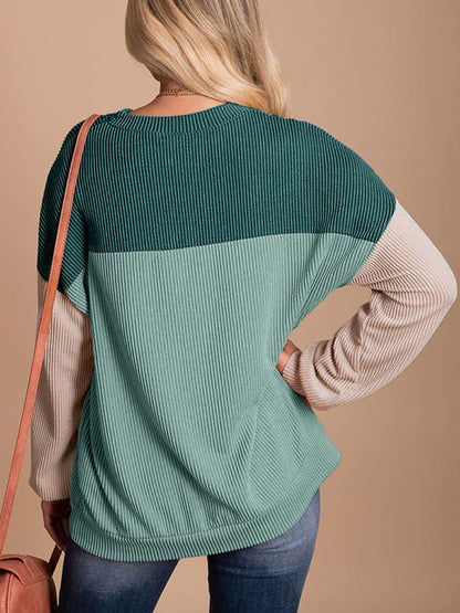 Long Sleeves Loose Contrast Color Round-Neck Sweatshirt Tops