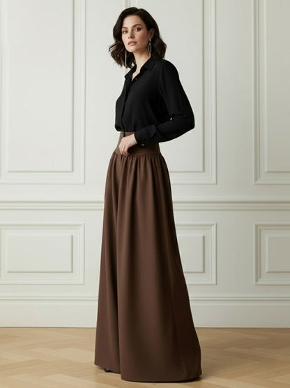 Elasticated Waist High Waisted Buttoned Pleated Pockets Solid Color Split-Joint Pants