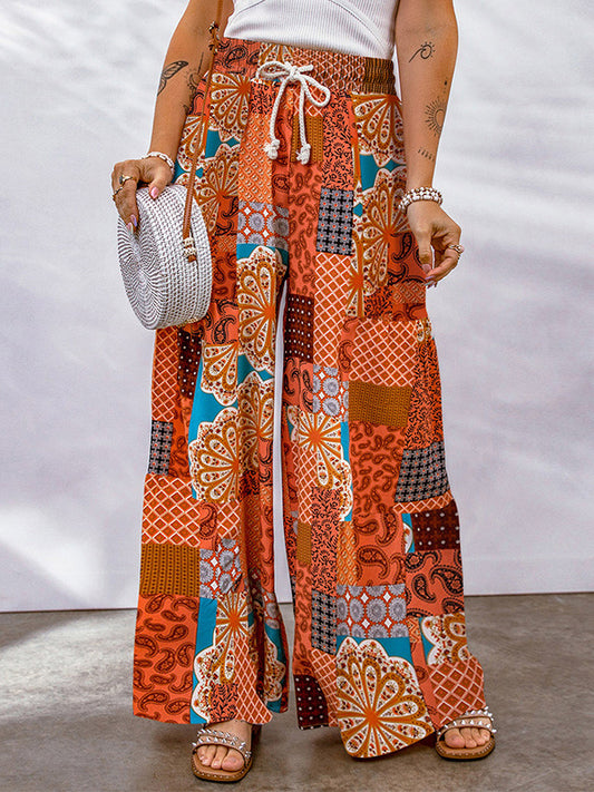 High Waisted Loose Drawstring Pleated Printed Pants Trousers