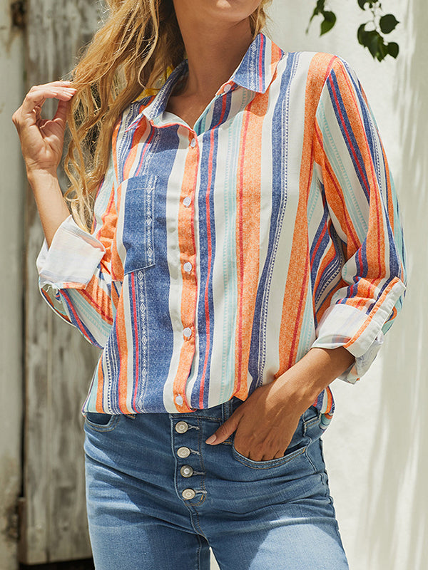 High-Low Long Sleeves Buttoned Pockets Striped Lapel Blouses&Shirts Tops