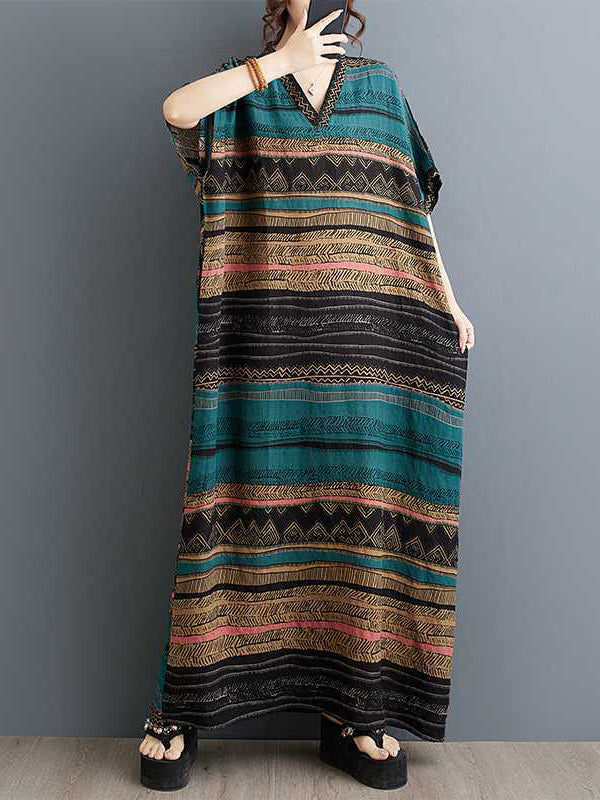 A-Line Batwing Sleeves Split-Joint Striped V-Neck Maxi Dresses