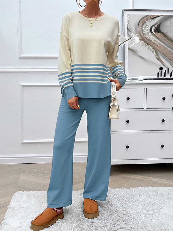 Long Sleeves Loose Contrast Color Split-Side Striped Round-Neck Sweater Top + Pants Bottom Two Pieces Set