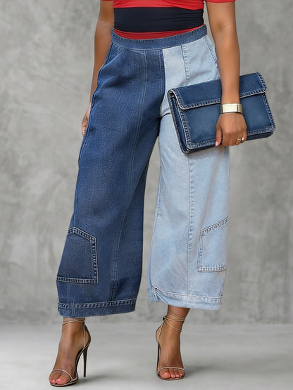 Loose Wide Leg Contrast Color Pockets Jean Pants Bottoms