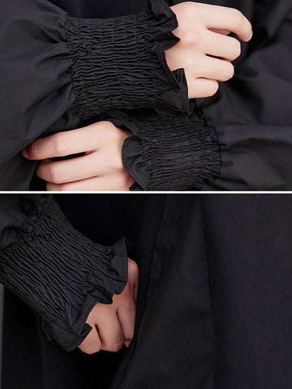 Loose Puff Sleeves Pleated Solid Color Split-Joint Round-neck Midi Dresses