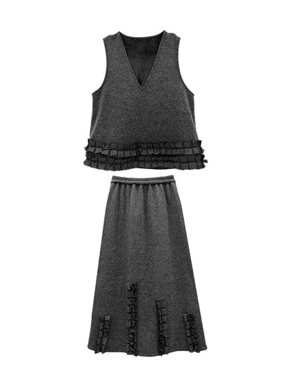 Contrast Color Ruffled Split-Joint V-Neck Vest Top + Elasticated Waist High Waisted Pleated Skirts Bottoms Two Pieces Set