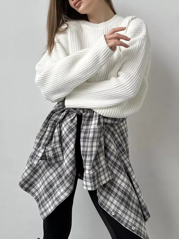 Long Sleeves Loose Solid Color Split-Joint Round-Neck Sweater Tops