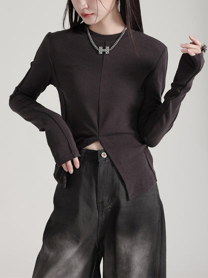 Long Sleeves Skinny Solid Color Split-Front Round-Neck T-Shirts Tops