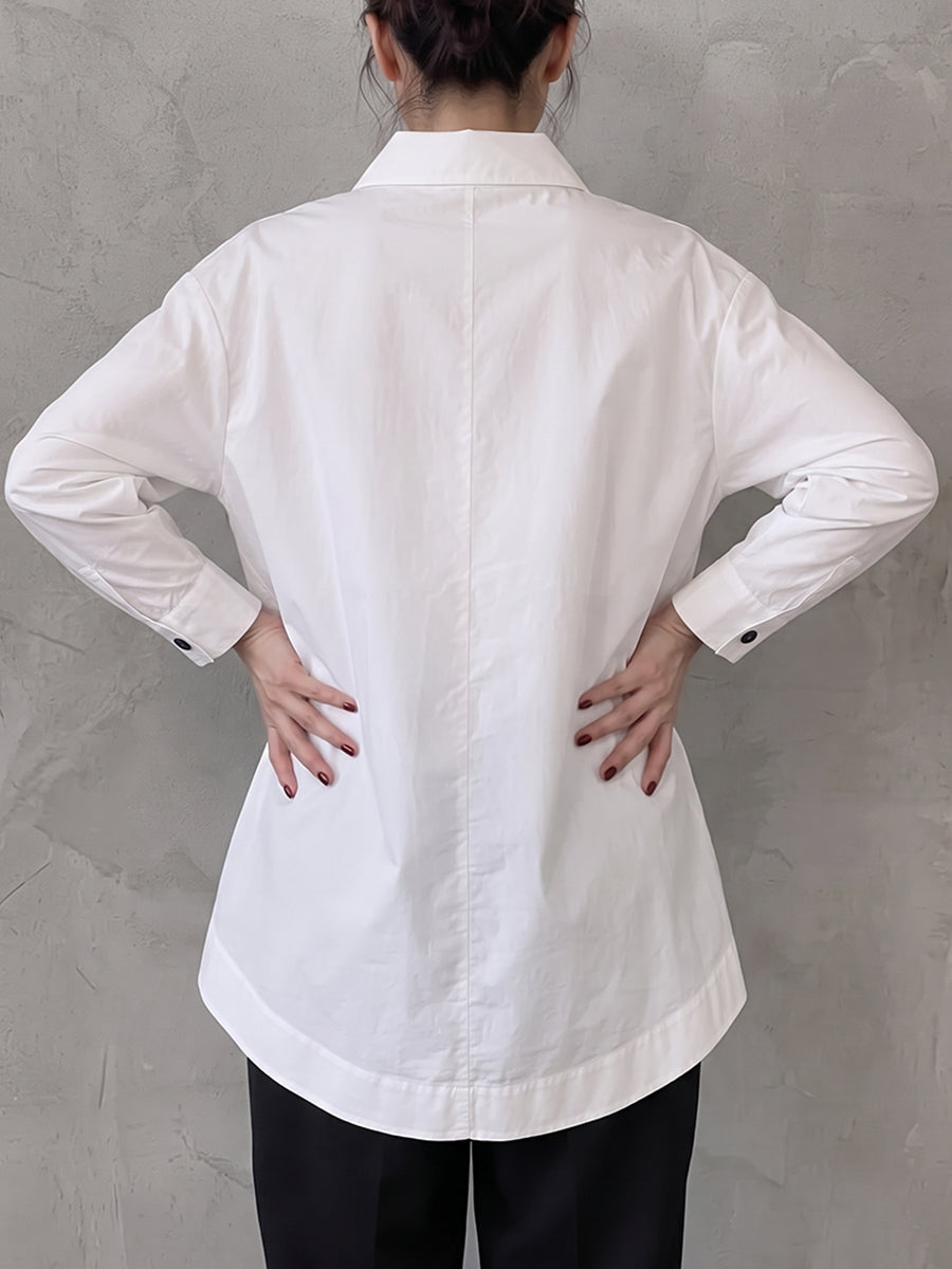 Solid Color Pockets Buttoned Long Sleeves High-low Lapel Blouses&shirts Tops