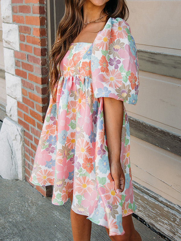 A-Line High Waisted Elasticity Flower Print Pleated Split-Joint Zipper Square-Neck Mini Dresses