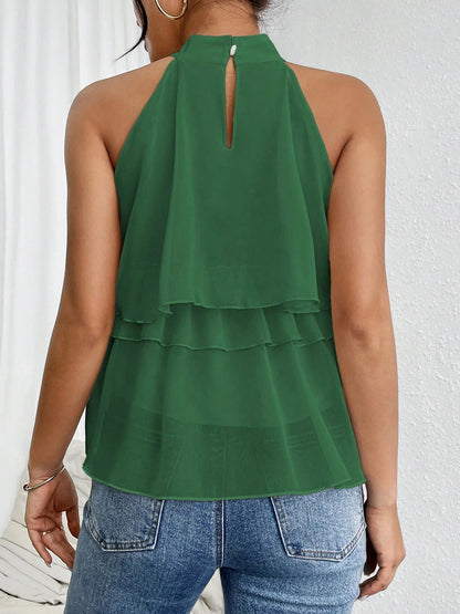 Sleeveless Hollow Ruffle Trim Solid Color Split-Joint Halter-Neck Tank Top