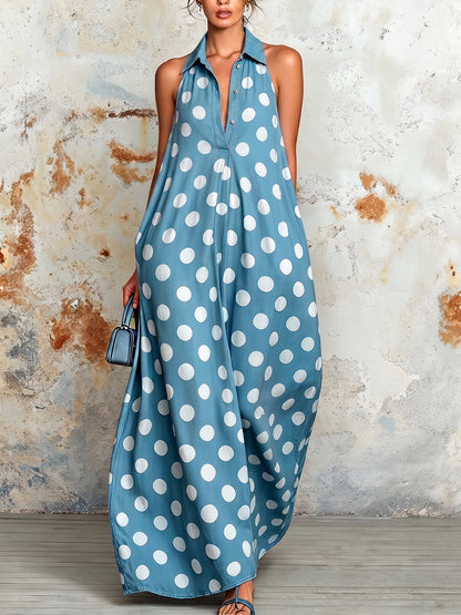 A-Line Loose Buttoned Contrast Color Pleated Polka Dot Lapel Maxi Dresses