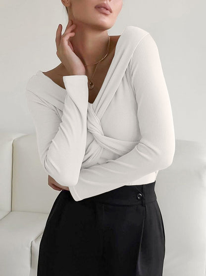 Long Sleeves Skinny Keep Warm Knot Solid Color V-Neck T-Shirts Tops