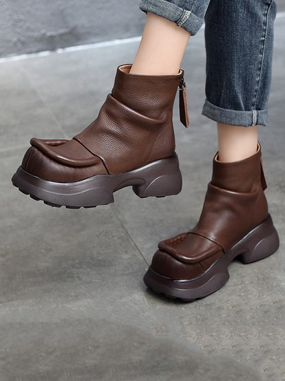 Platform Round-Toe Solid Color Zipper Boots