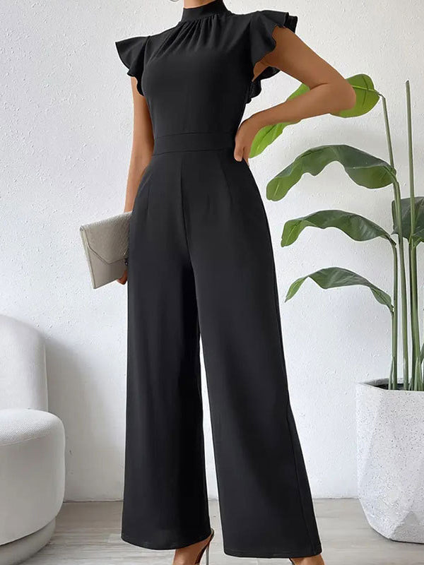 High Waisted Loose Pleated Ruffled Solid Color Mock Neck Jumpsuits
