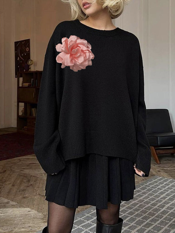 Long Sleeves Loose Flower Shape Split-Joint Round-Neck Sweater Tops