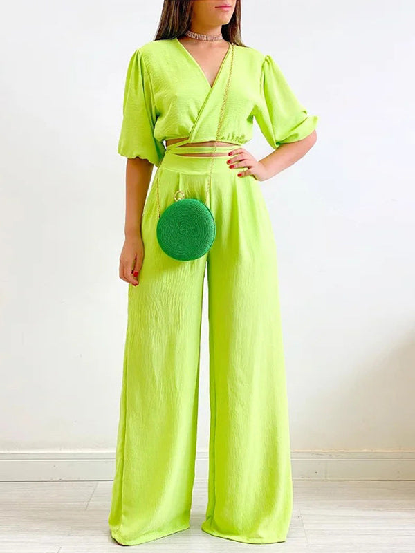 Half Sleeves Elasticity Solid Color Tied V-Neck T-Shirts Top +High Waisted Pants Bottom Two Pieces Set