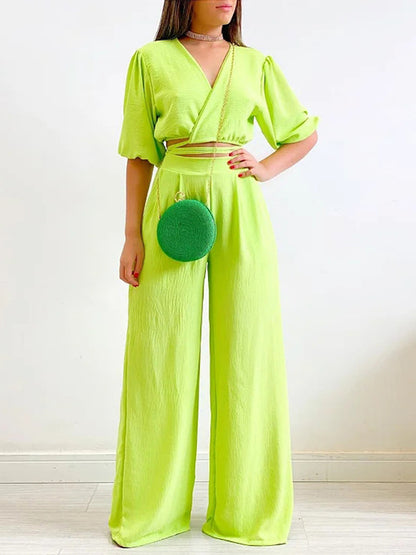 Half Sleeves Elasticity Solid Color Tied V-Neck T-Shirts Top +High Waisted Pants Bottom Two Pieces Set