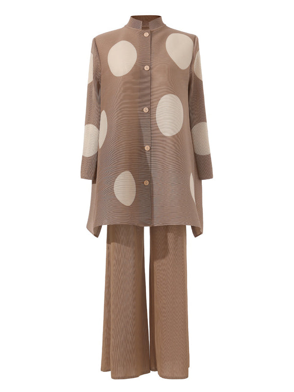Long Sleeves Loose Pleated Polka Dot Stand Collar Top + Pants Bottomtwo Pieces Set