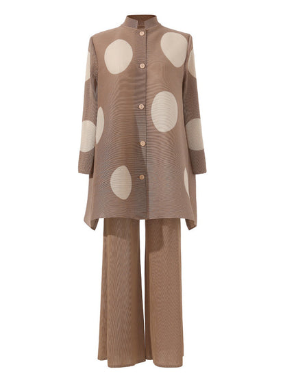 Long Sleeves Loose Pleated Polka Dot Stand Collar Top + Pants Bottomtwo Pieces Set