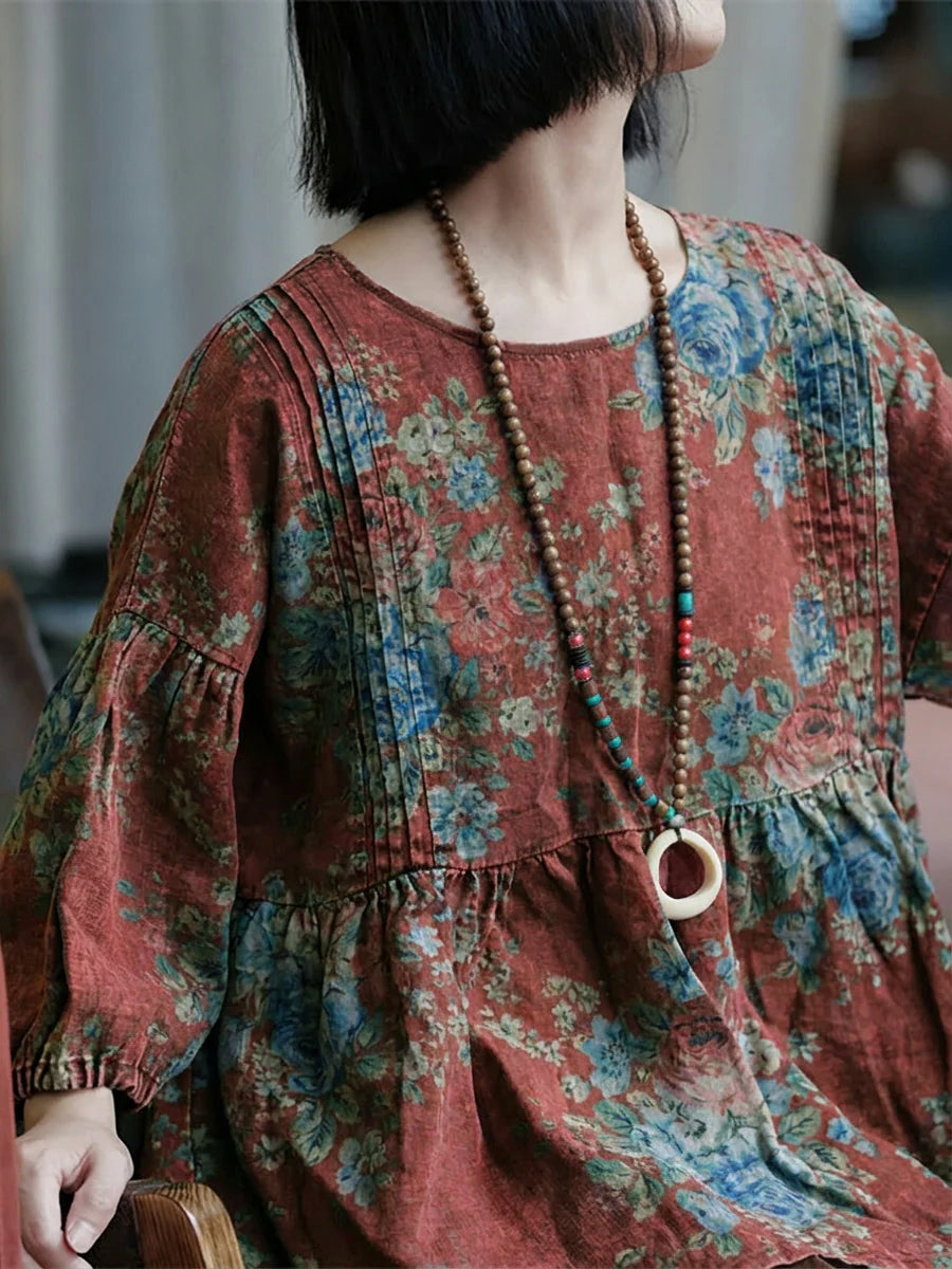 Plus Size Women Retro Flower O-Neck Shirred Cotton Blouse