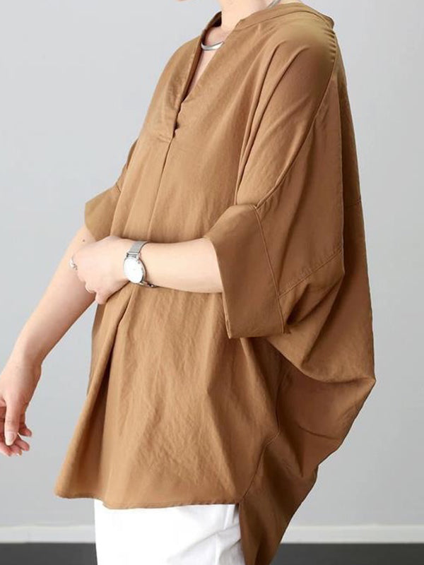 Half Sleeves High-Low Pleated Solid Color Split-Joint V-Neck Blouses&Shirts Tops