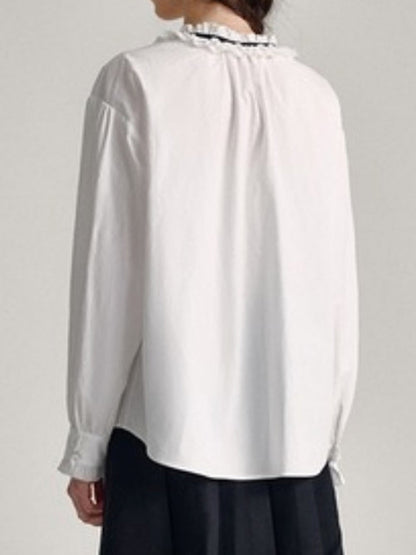 Long Sleeves Loose Buttoned Pleated Ruffled Solid Color V-Neck Blouses&Shirts Tops